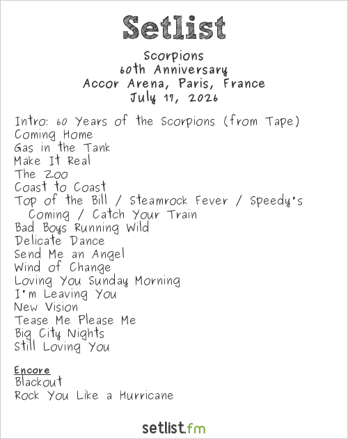 Scorpions Setlist Accor Arena, Paris, France 2026, 60th Anniversary