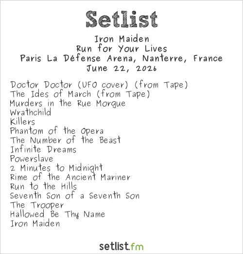 Iron Maiden Setlist Paris La Défense Arena, Nanterre, France 2026, Run for Your Lives