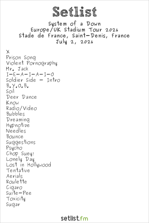 System of a Down Setlist Stade de France, Saint-Denis, France, Europe/UK Stadium Tour 2026